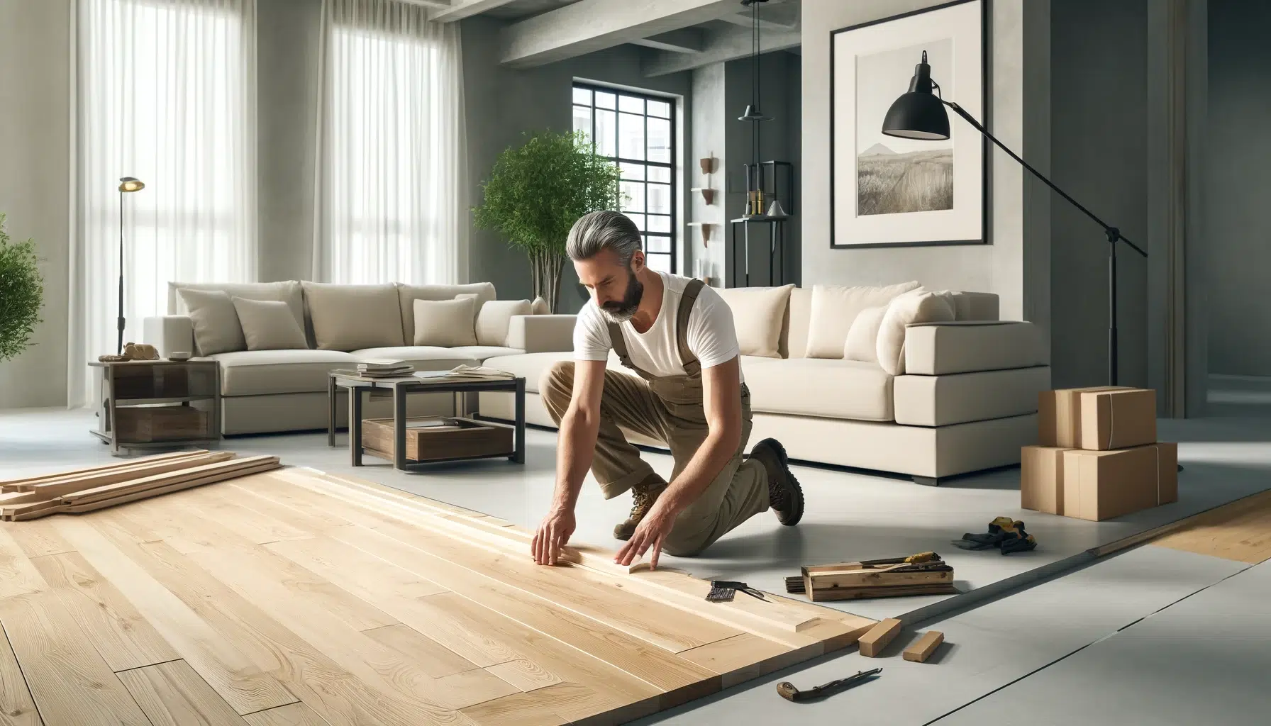 Artisan posant un parquet dans une pièce en rénovation
