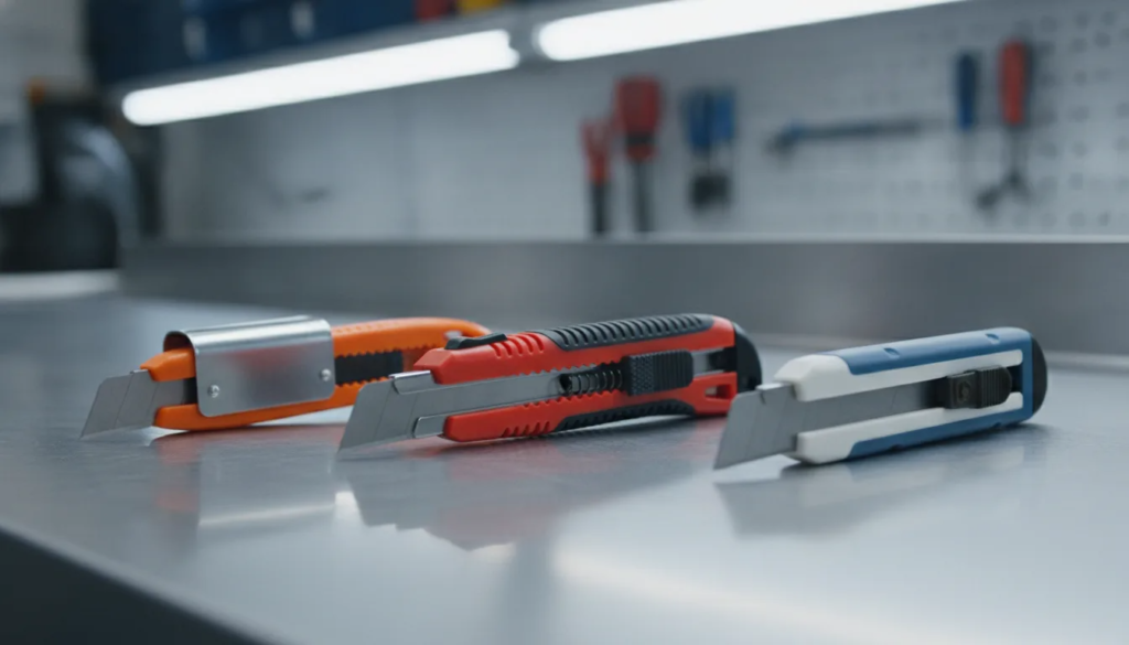 Trois cutters sur établi d’atelier