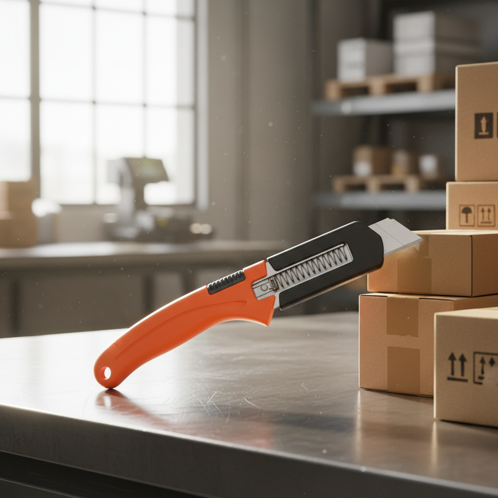 Cutter orange posé près de cartons empilés