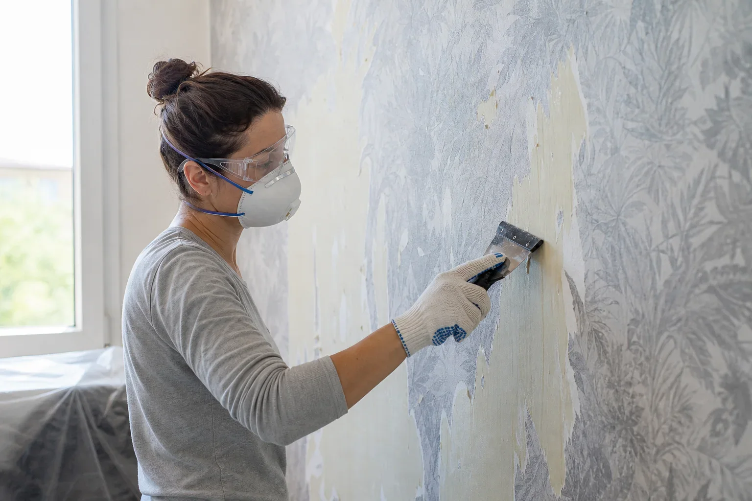 Femme retirant du papier peint avec une spatule