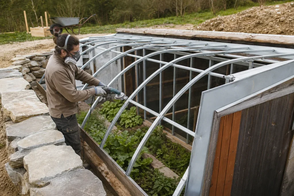 Construction de la structure métallique d’une serre walipini enterrée