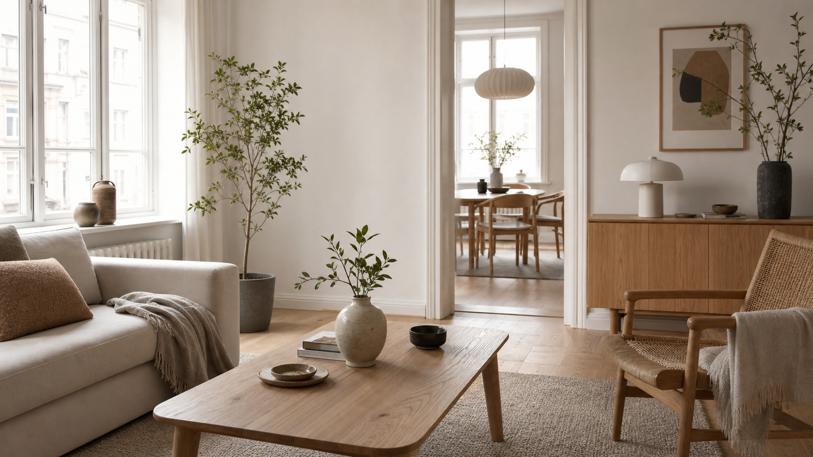 Salon scandinave lumineux aux tons naturels