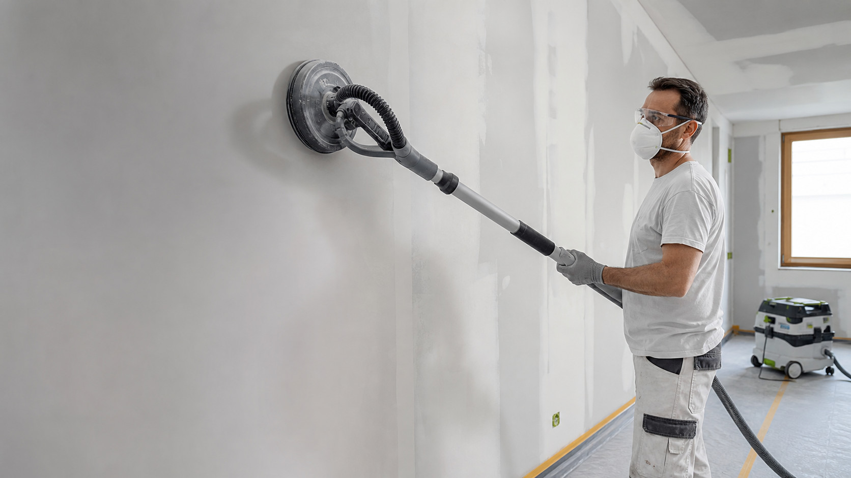 Utilisation d'une ponceuse girafe sur un mur en rénovation