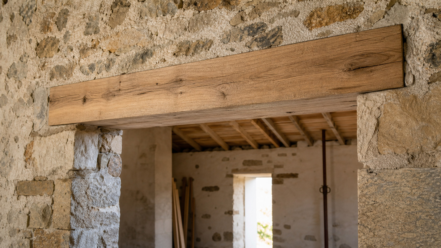 Linteau en bois posé au-dessus d'une ouverture en pierre