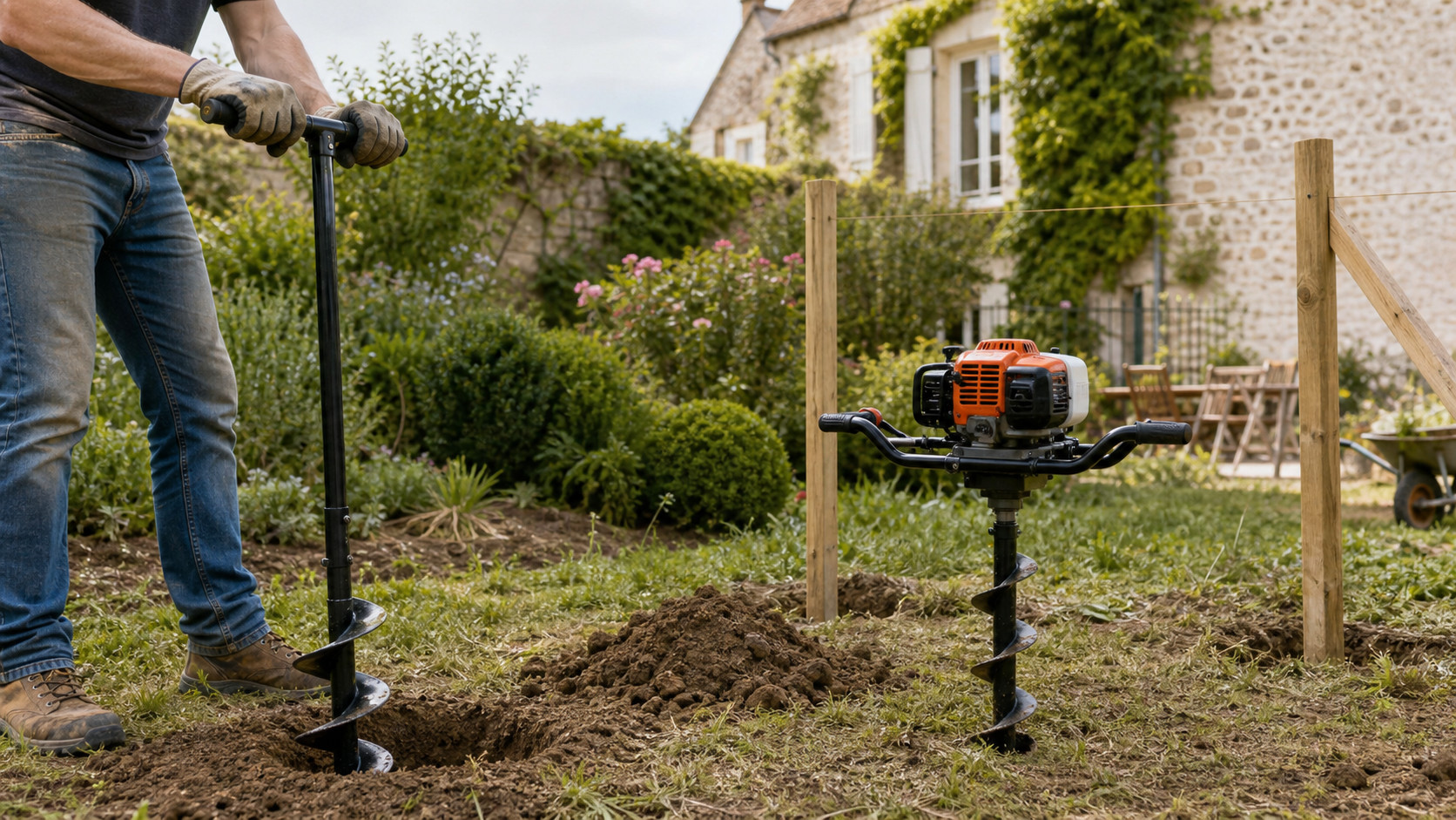 Tarières manuelle et thermique utilisées dans un jardin