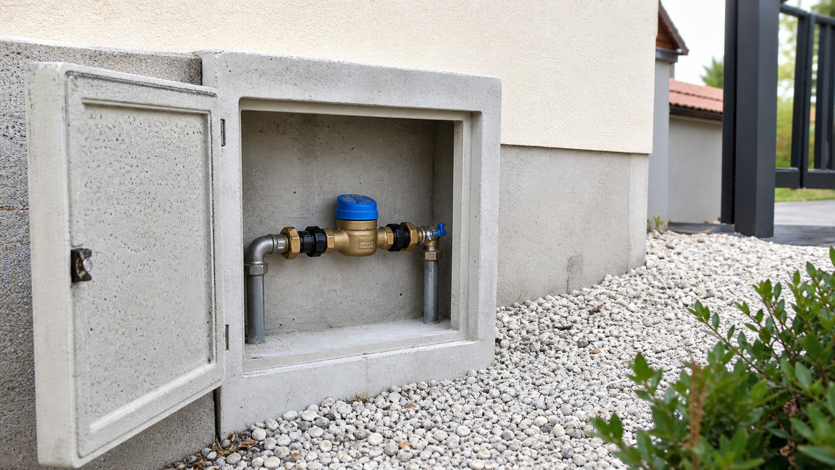 Niche en béton protégeant un compteur et une arrivée d'eau