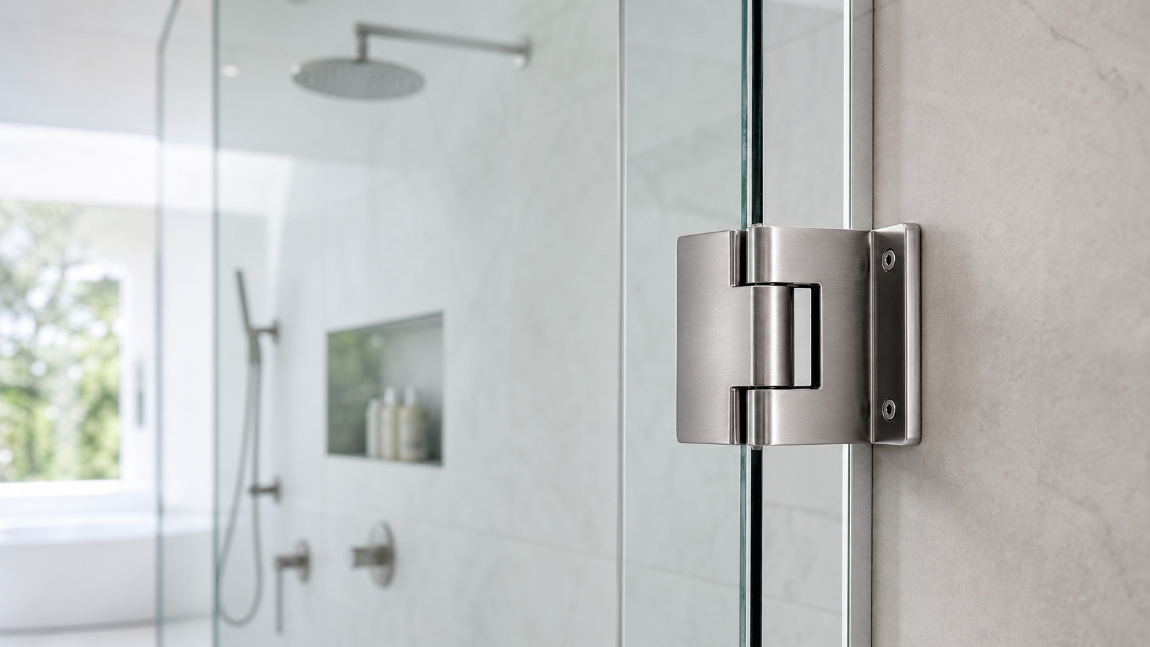 Charnière en inox sur une porte de douche en verre