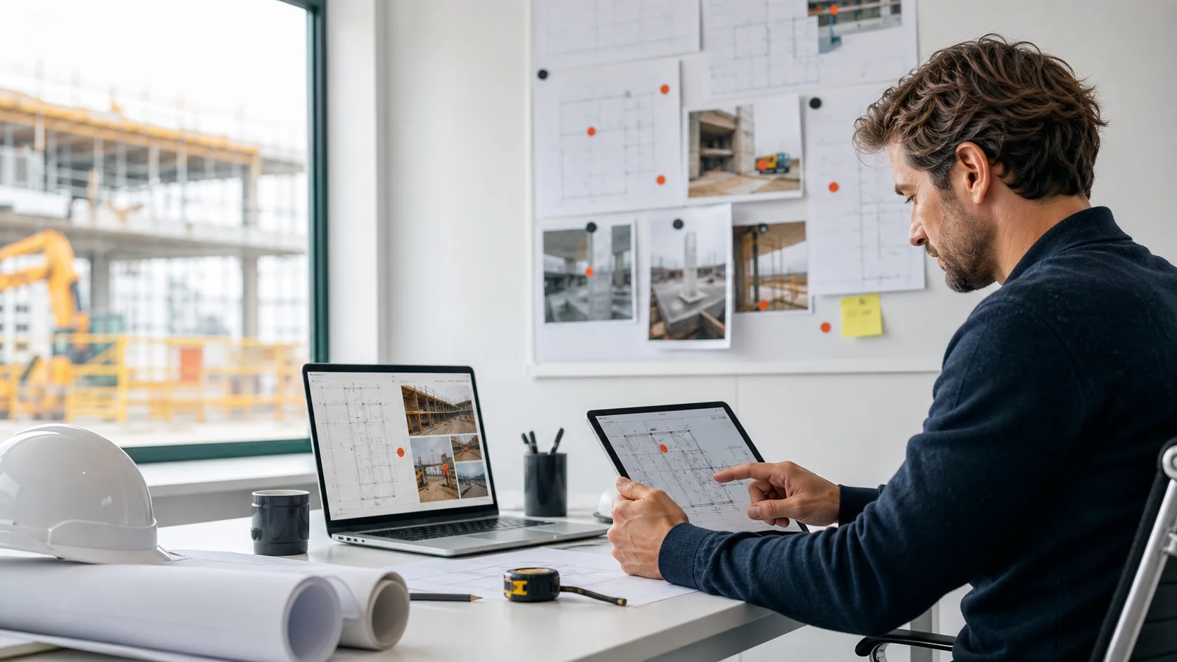 Architecte consultant des plans et observations de chantier sur tablette et ordinateur