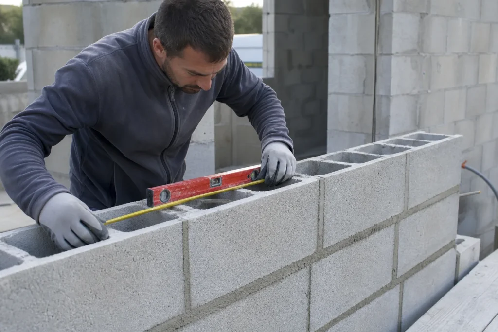Maçon contrôlant l’alignement d’un mur en parpaings avec un niveau