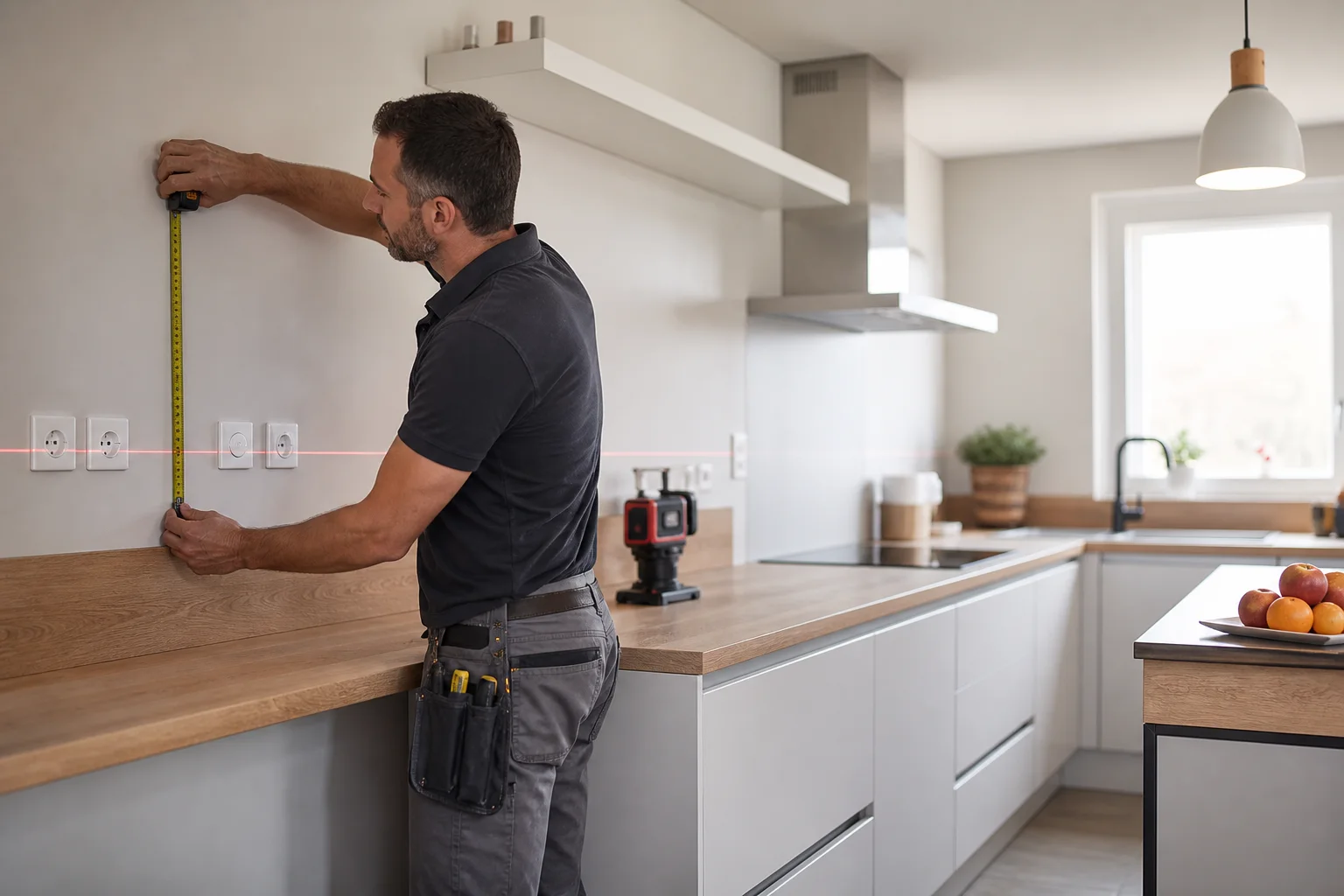 Électricien mesurant la hauteur des prises au-dessus d’un plan de travail de cuisine