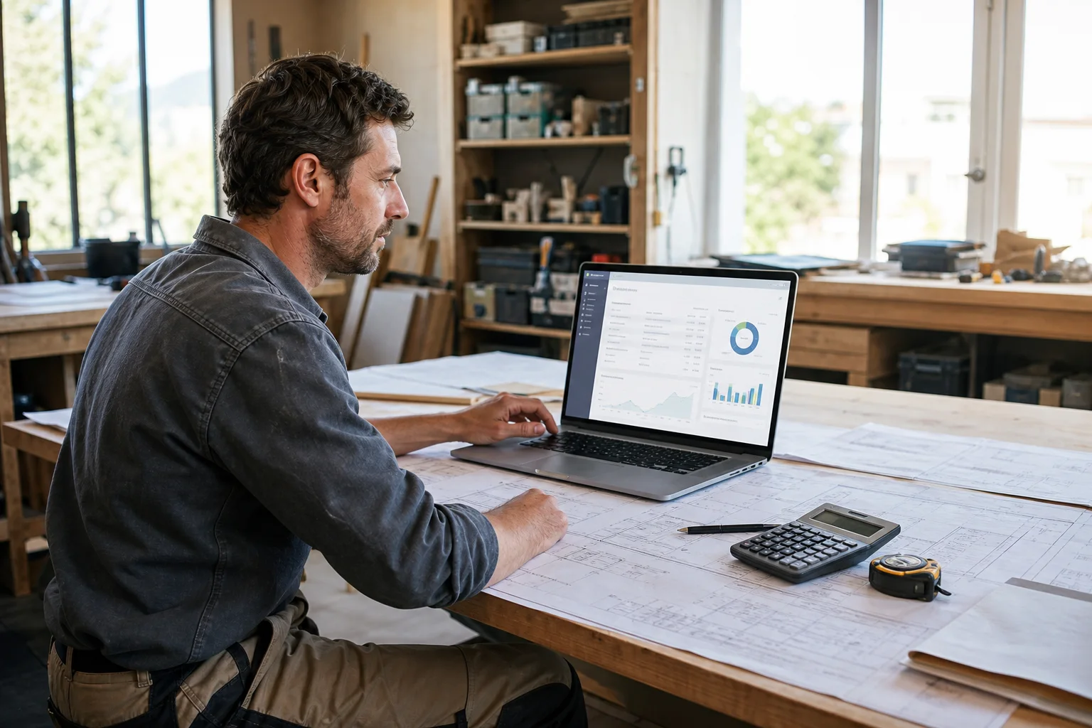 Artisan consultant ses devis et factures sur un ordinateur dans son atelier