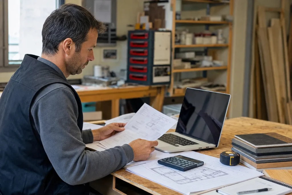 Artisan du bâtiment comparant un devis, des plans et un logiciel sur ordinateur