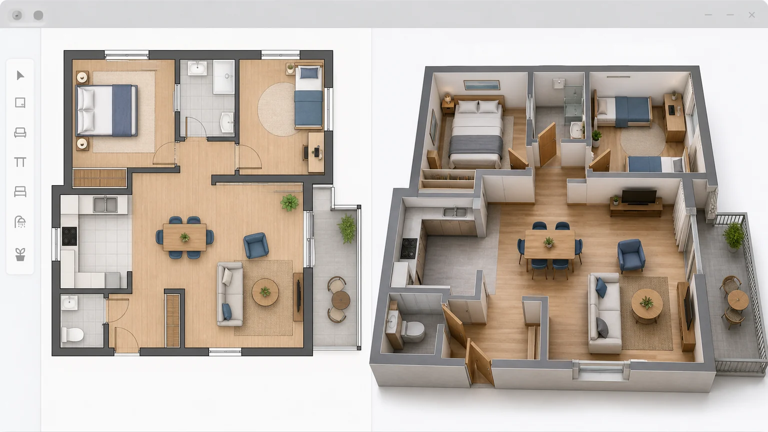Illustration d’un plan d’appartement 2D accompagné de sa vue 3D aménagée